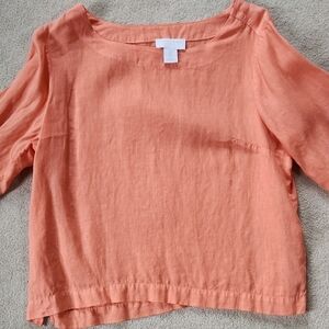 Linen 3/4 sleeves orange scoop neck blouse - Medium